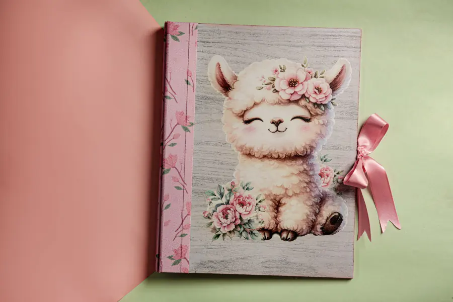 Álbum de madera ilustrado con una llama y moño rosado