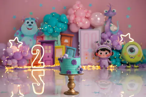 Escenario de smash cake con monstruos de colores, globos y un número 2 de neón
